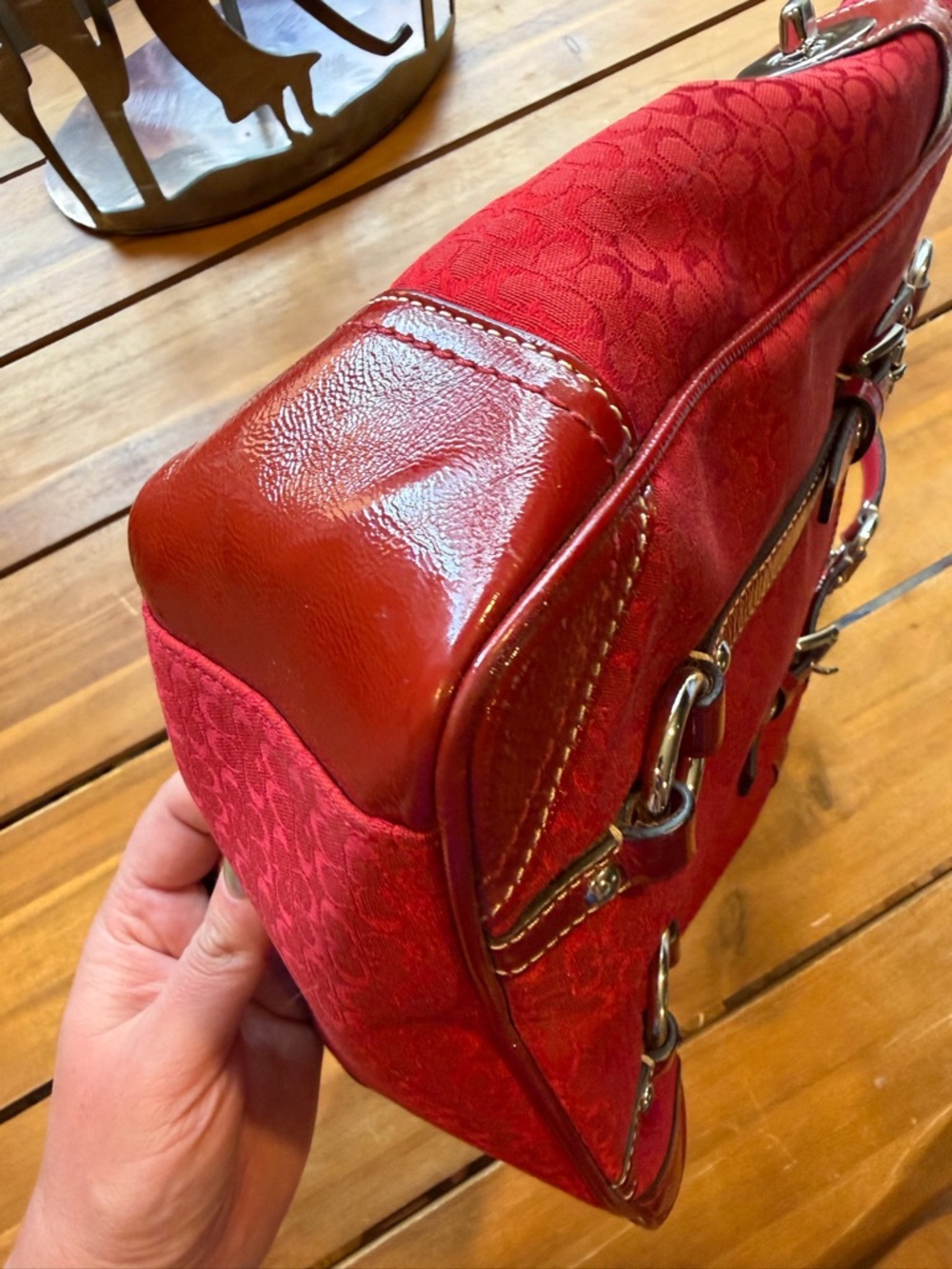Coach Red Signature Canvas Tote with Patent Leather Trim - Picture 7 of 10